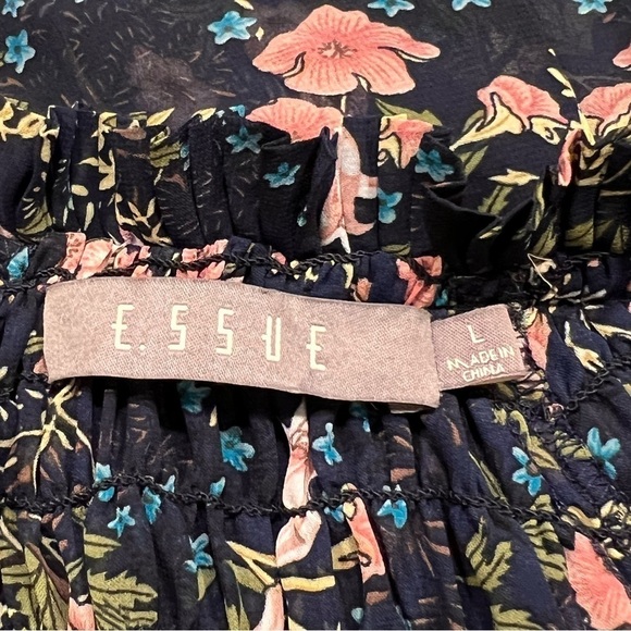 Essue Black Floral Print Gathered Ruching Top Sz-L - Picture 11 of 13